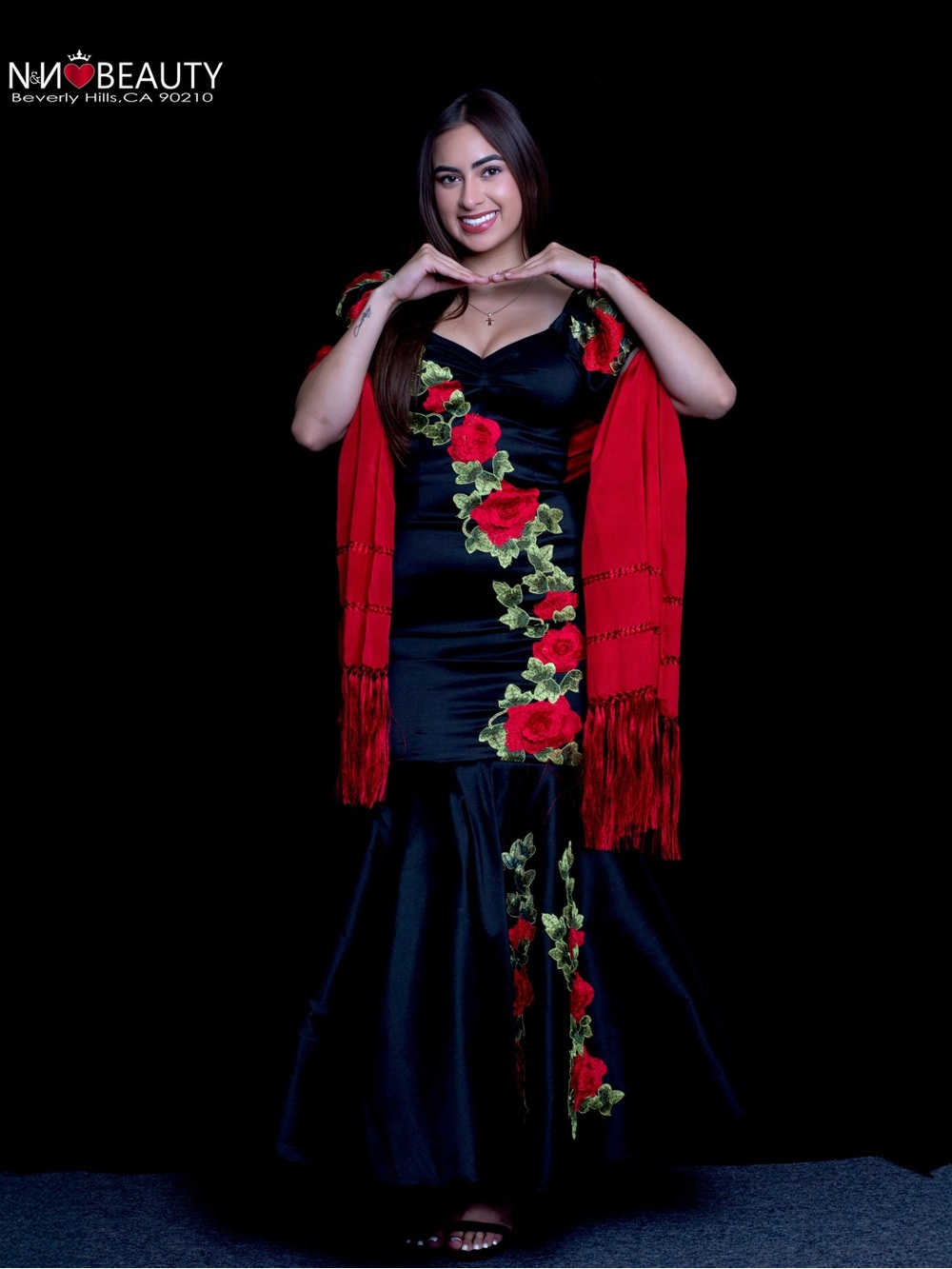 Black Satin Mermaid Dress with Red Rose Embroidery and Red Shawl - Picture 10 of 11